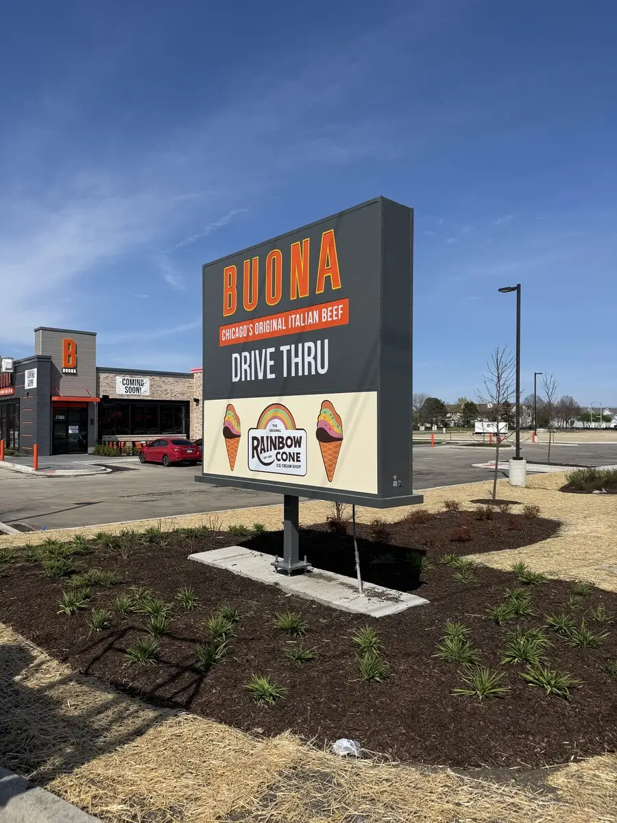 Buona Beef illuminated drive-thru cabinet sign installed by Pro-Care Sign