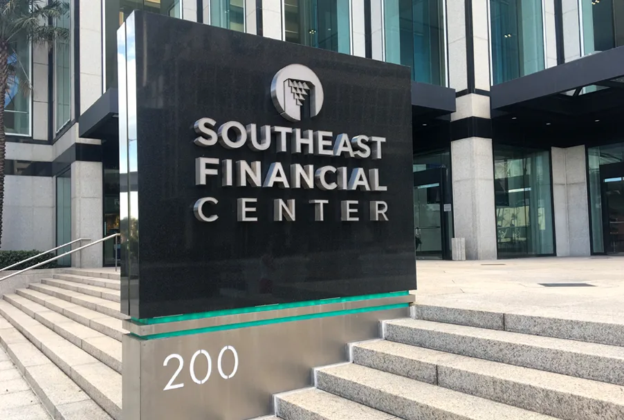 Dimensional letter monument sign at an office building entrance